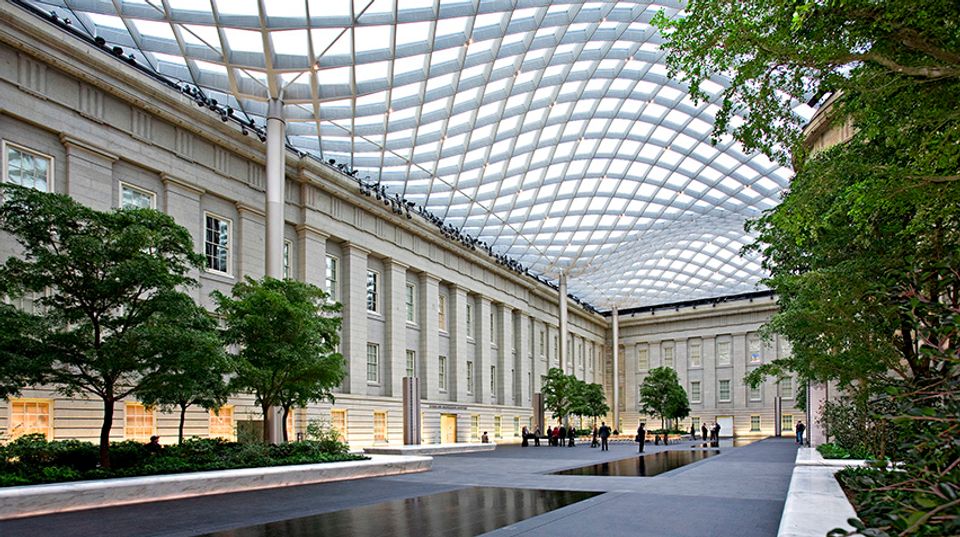 A view of the tree-lined Kogod courtyard