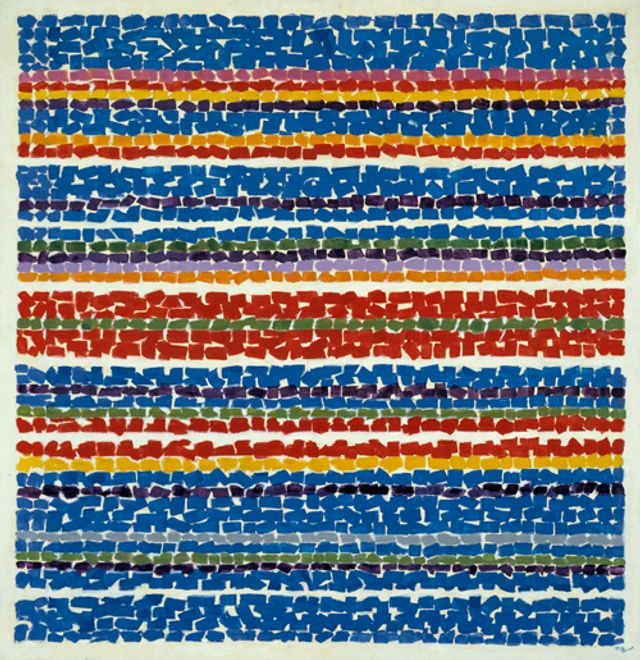 Thomas' acrylic painting of horizontal lines formed by circles in different colors.