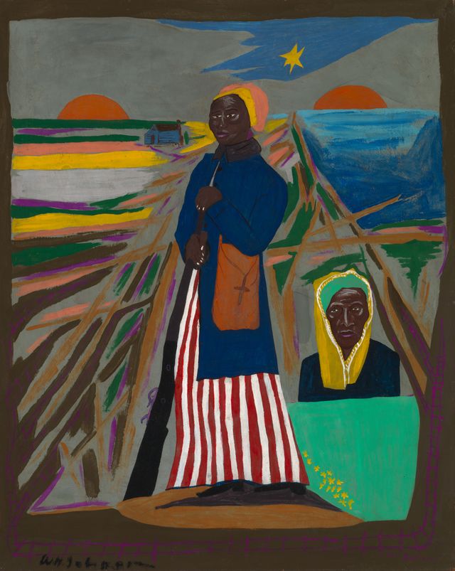 Harriet Tubman standing tall in a striped Civil War-era dress, she holds a shotgun at her side. Behind her, paths crisscross the landscape into the distance with sketchily drawn railroad tracks. Above her, the North Star shines between the rising and setting suns. At the lower right, Johnson painted Tubman as an elderly woman, her head draped in the shawl.