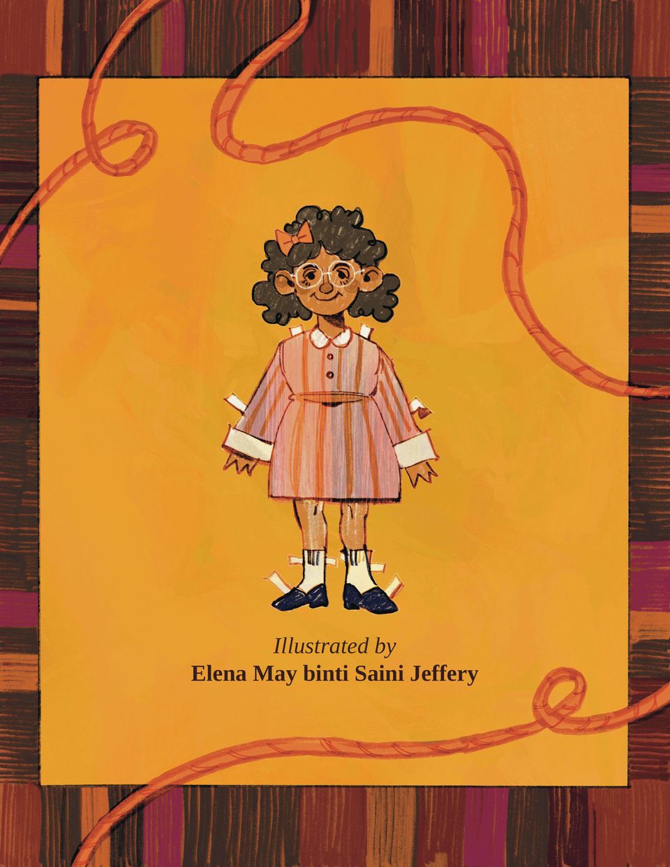 A paper doll version of a young Emma stands against a yellow background. Text reads: "Illustrated by Elena May binti Saini Jeffery."