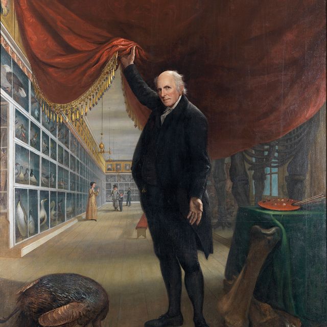 A painting of a man holding a curtain to another room.