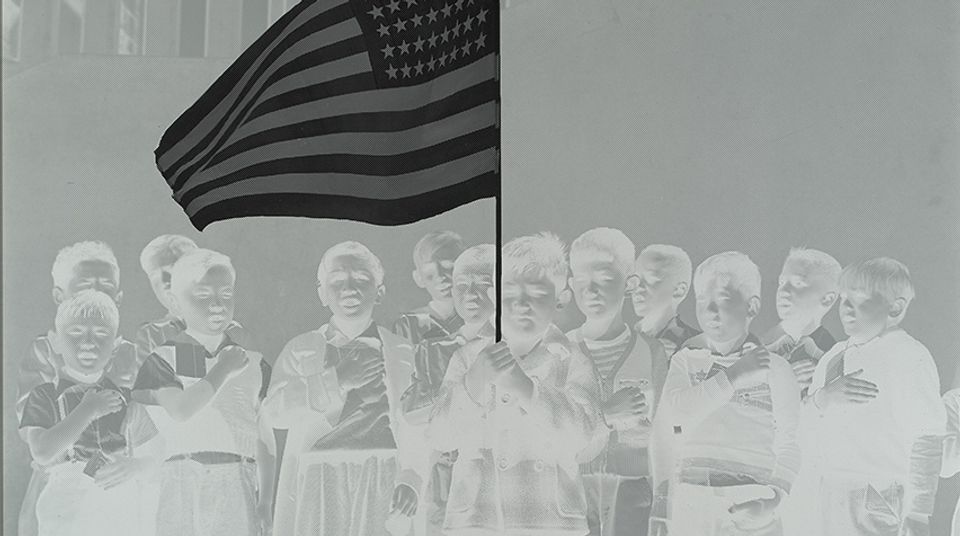 Detail of an artwork showing children holding an American flag.