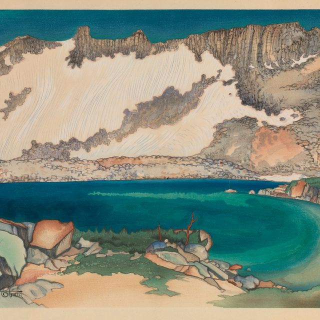 A watercolor image of a lake with mountains in the background.