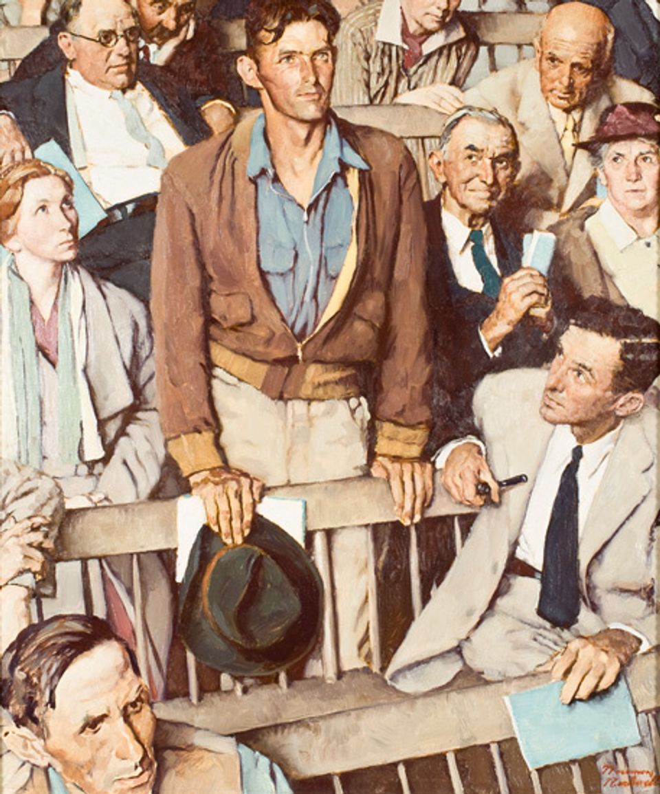 Rockwell's oil on canvas of a man standing up with others in the crowd watching him.