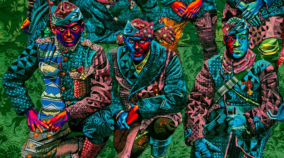 Detail of quilted portrait showing three African American soldiers