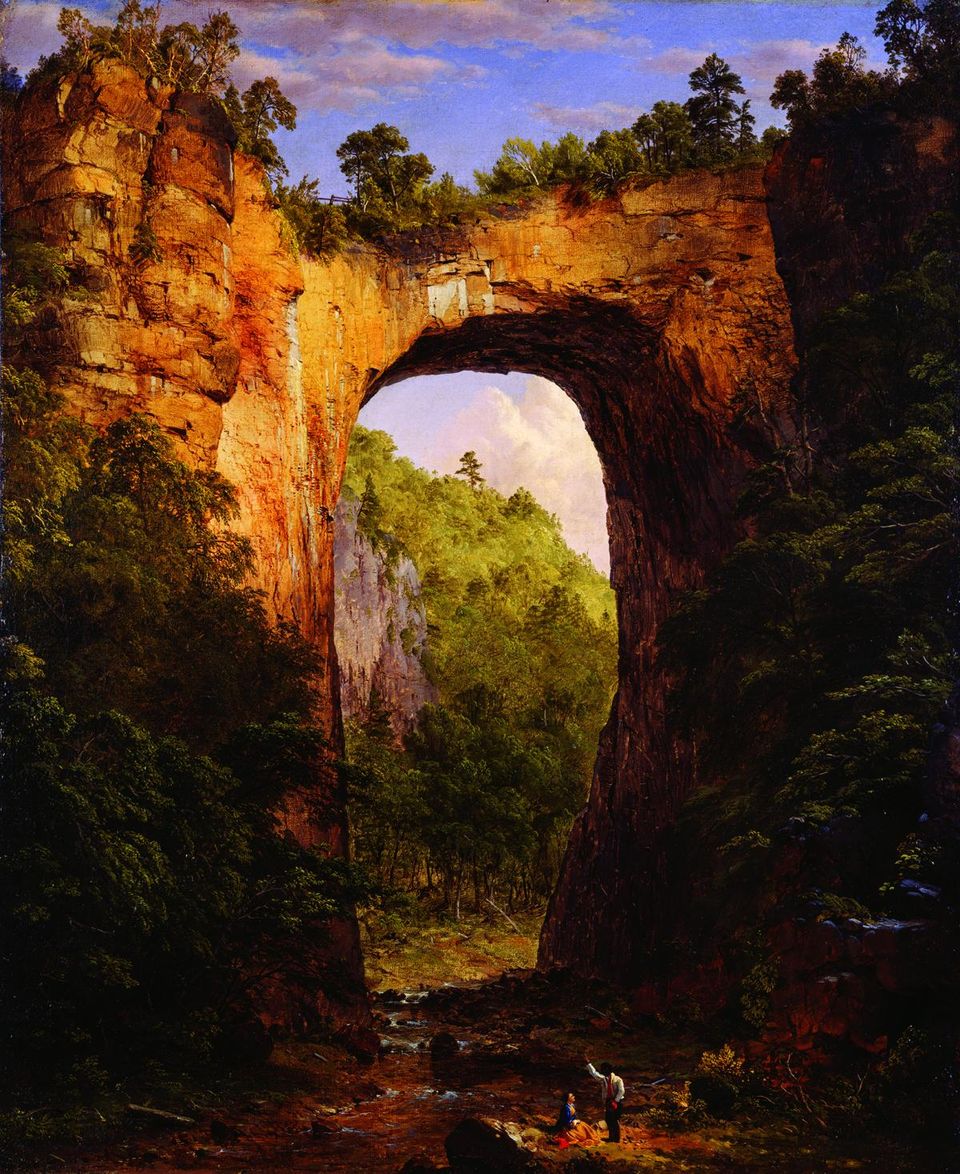 A painting of a natural archway in rock.