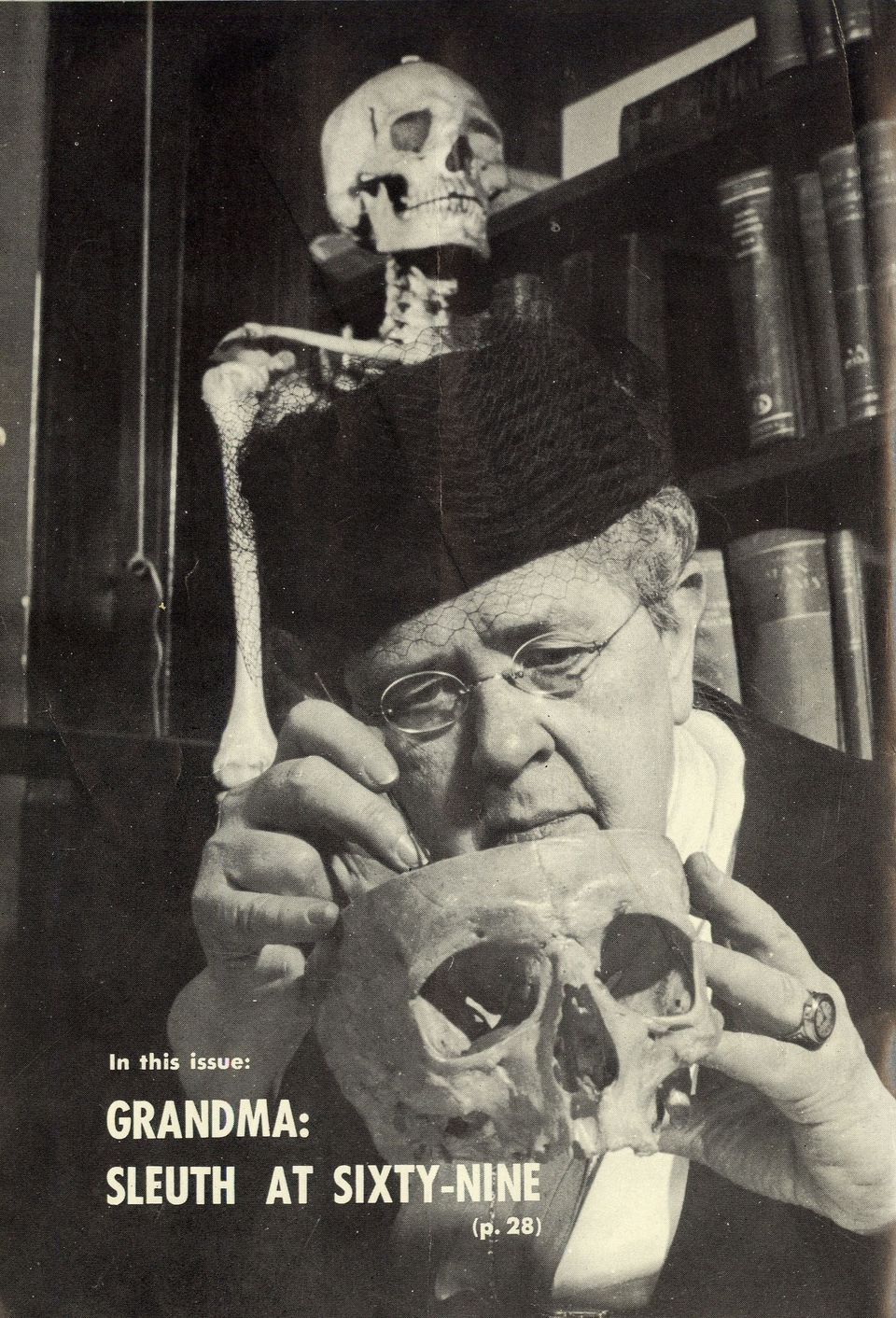 A magazine cover of Frances Glessner Lee working on a skull.