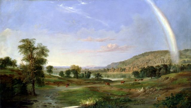 Duncanson's oil on canvas of a landscape painting with a rainbow.