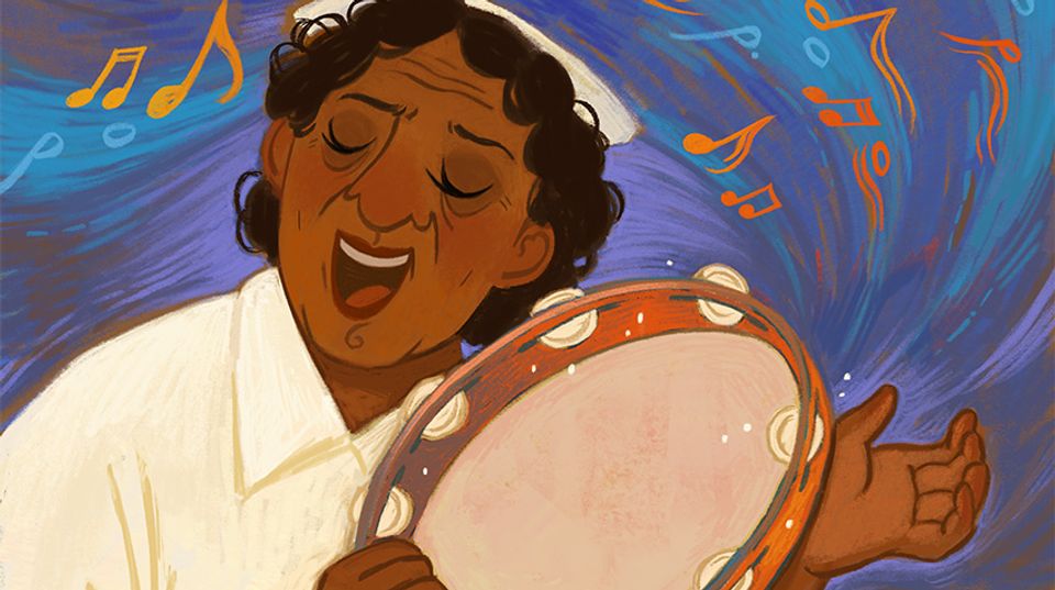 Illustrated portrait of Sister Gertrude Morgan singing and playing the tambourine.