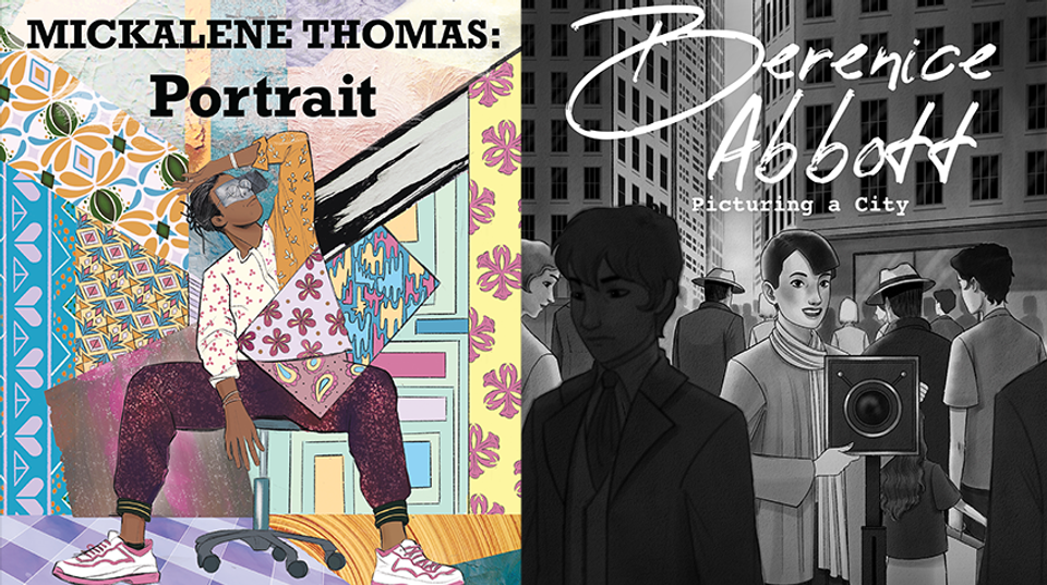 Collage of two comic covers: "Mickalene Thomas: Portrait" and "Berenice Abbott: Picturing a City"