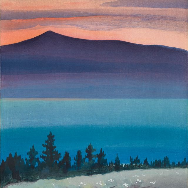 A watercolor image with trees in the foreground, mountains in the middle ground, and the sunset in the background.