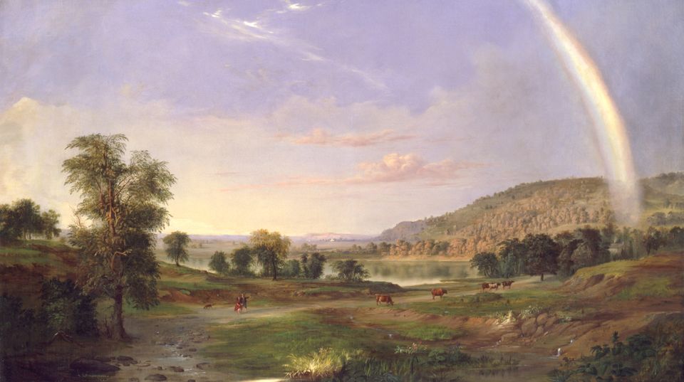 A painting of a landscape with a rainbow.