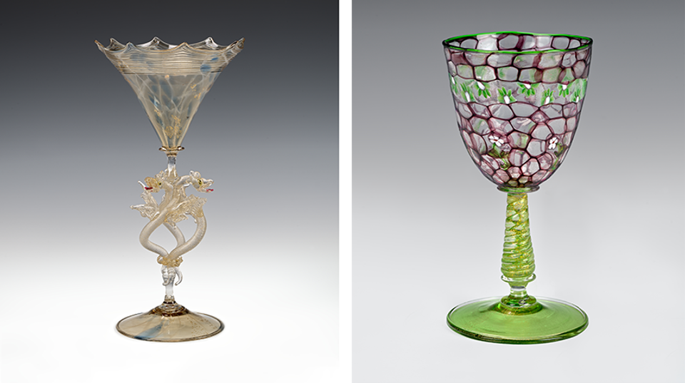 Two glass goblets side by side. The left has serpents on the stem, the right is a floral design.