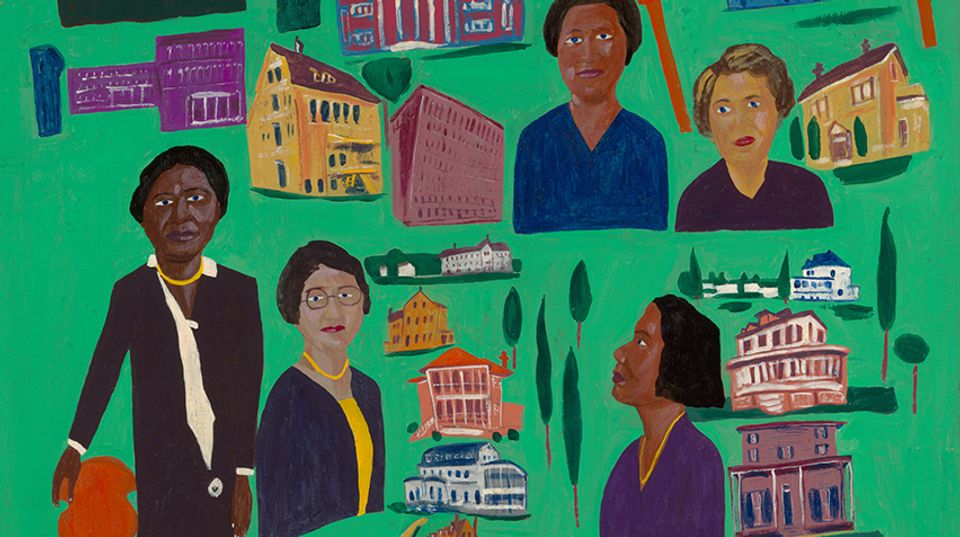 A detail of a painting showing five women and the institutions they built.