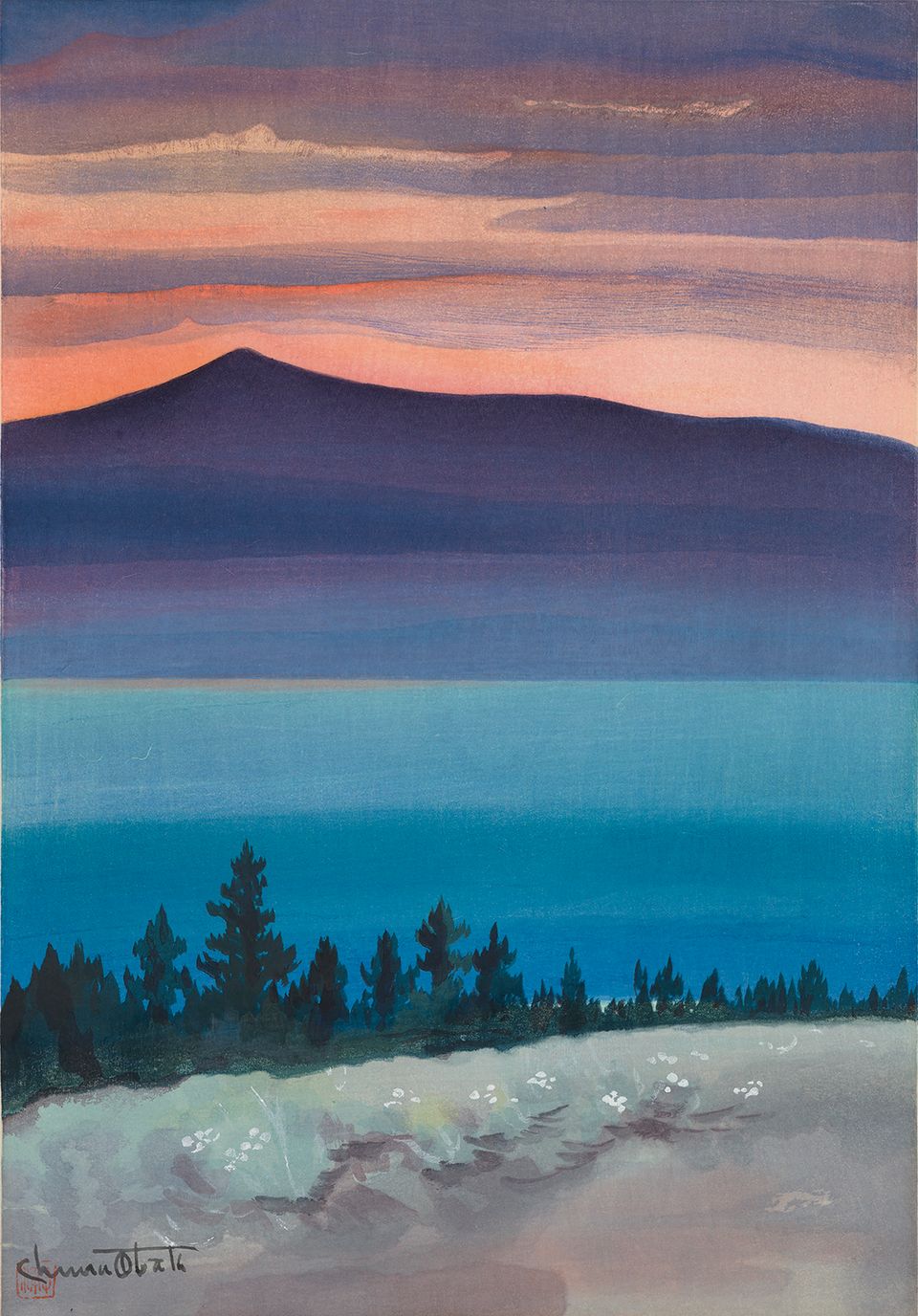 A watercolor image with trees in the foreground, mountains in the middle ground, and the sunset in the background.