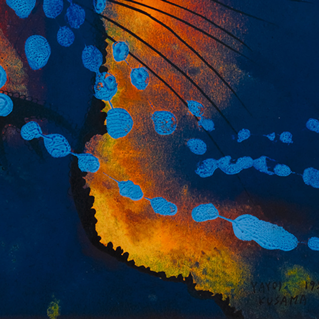 Detail from a painting. Orange and blue organic shapes on a dark blue background.