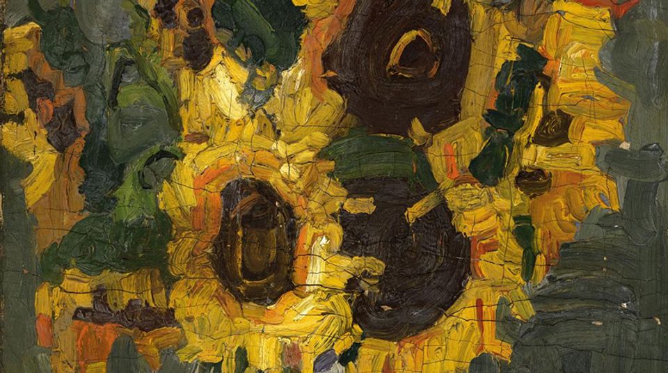 A Still-Life of yellow and green sunflowers on a gray background