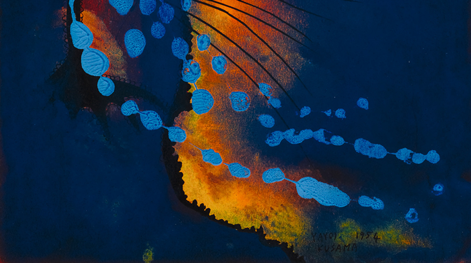 Detail from a painting. Orange and blue organic shapes on a dark blue background.