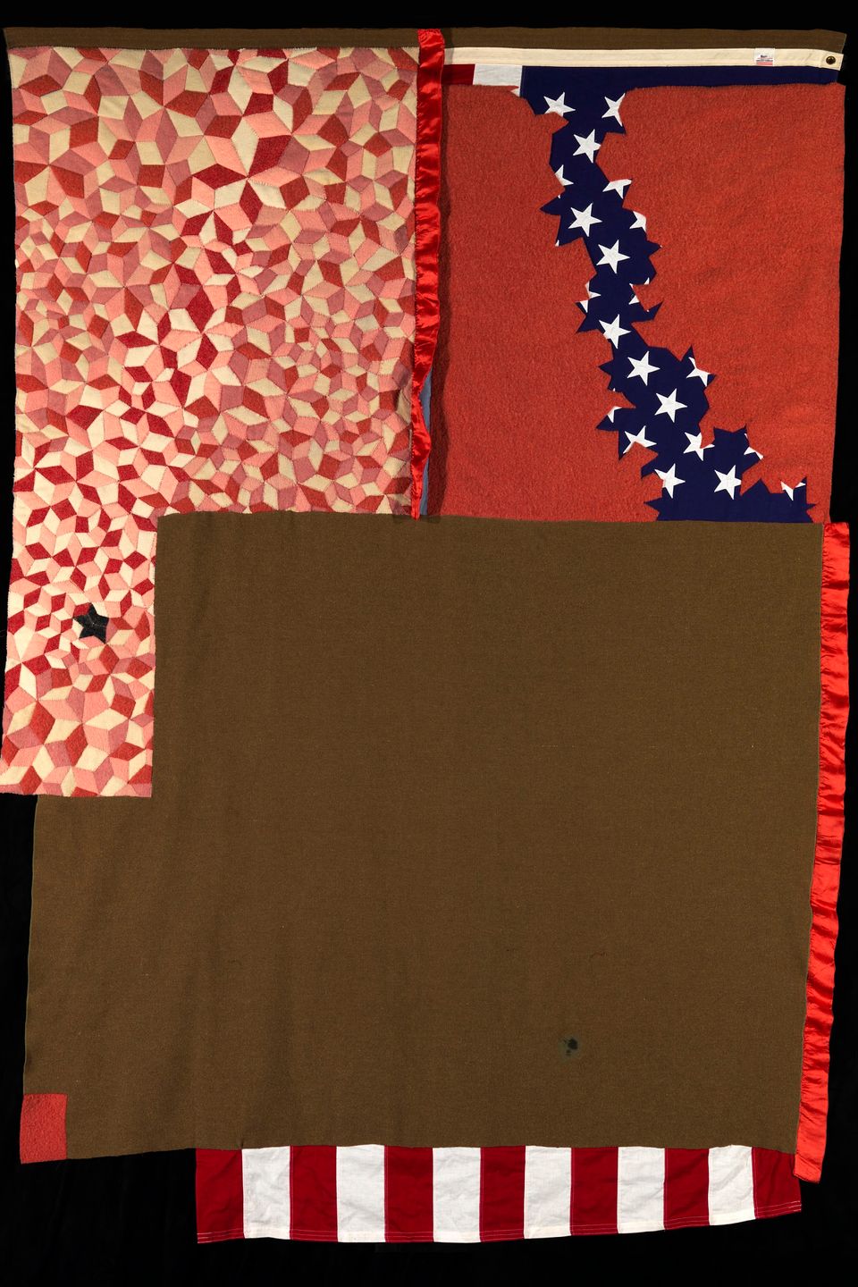 A quilt make of multiple materials. 