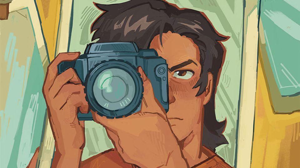 Illustration showing a person with short, brown hair. They are holding a camera up to their face.