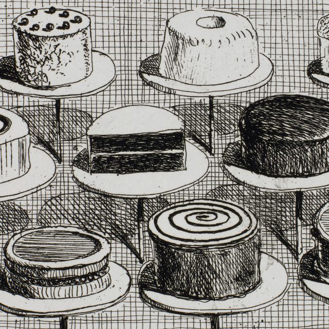 A drawing of over ten cakes lined up in a store front. 
