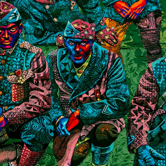 Detail of quilted portrait showing three African American soldiers