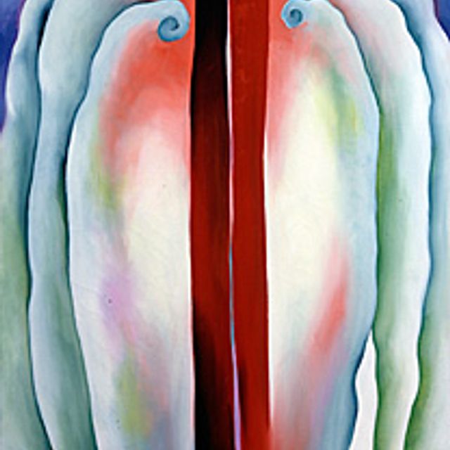 Oil on canvas of a mirrored imaged with three semi circles and two red vertical lines in the middle.