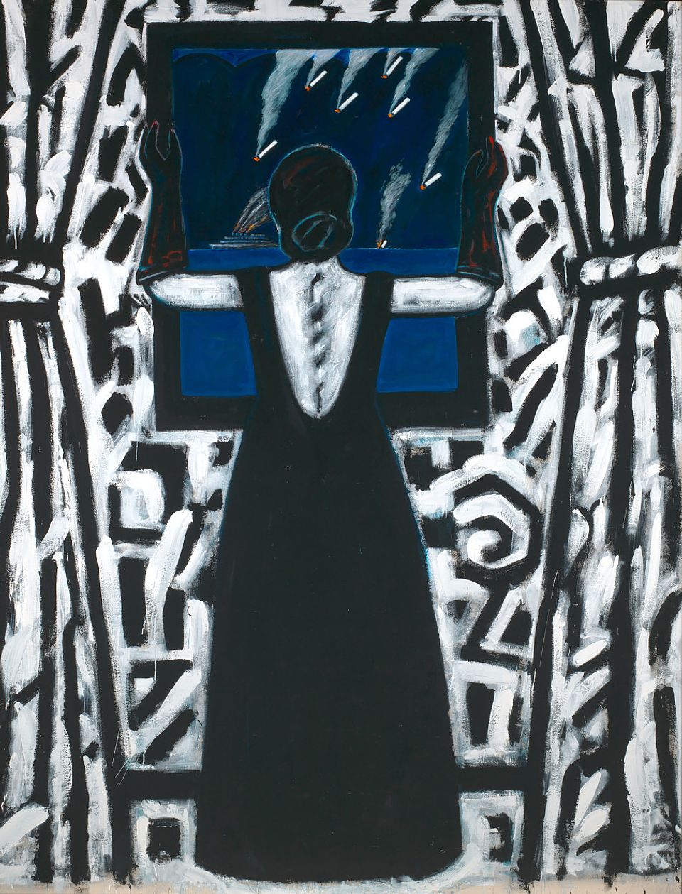 Acrylic on canvas of a woman looking out of a window as bombs are dropped outside.