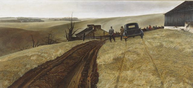 Wyeth's tempera paining of a landscape with a dirt road down the middle, two men in the middle ground and a house in the background. 