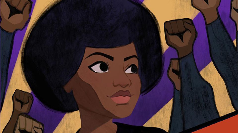 Close up of the face of an African American woman looking off into the distance. Fists are raised behind her in a show of solidarity.