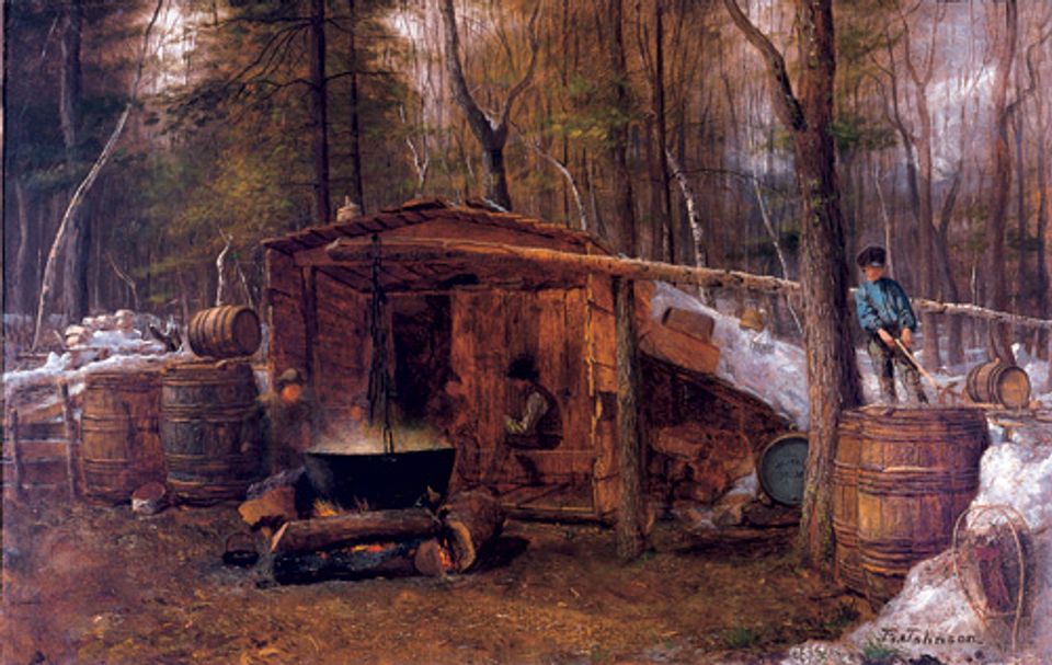 Johnson's oil on canvas of a cottage in the woods with a pot stewing on the fire outside.