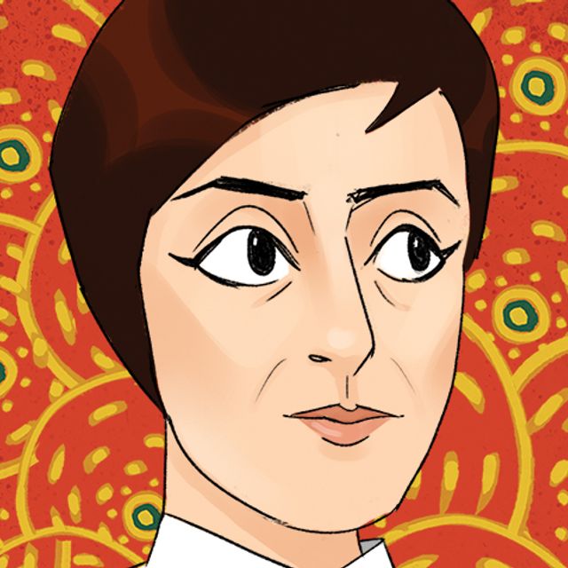 An illustrated portrait of a woman with short brown hair. The background is red with a yellow pattern.