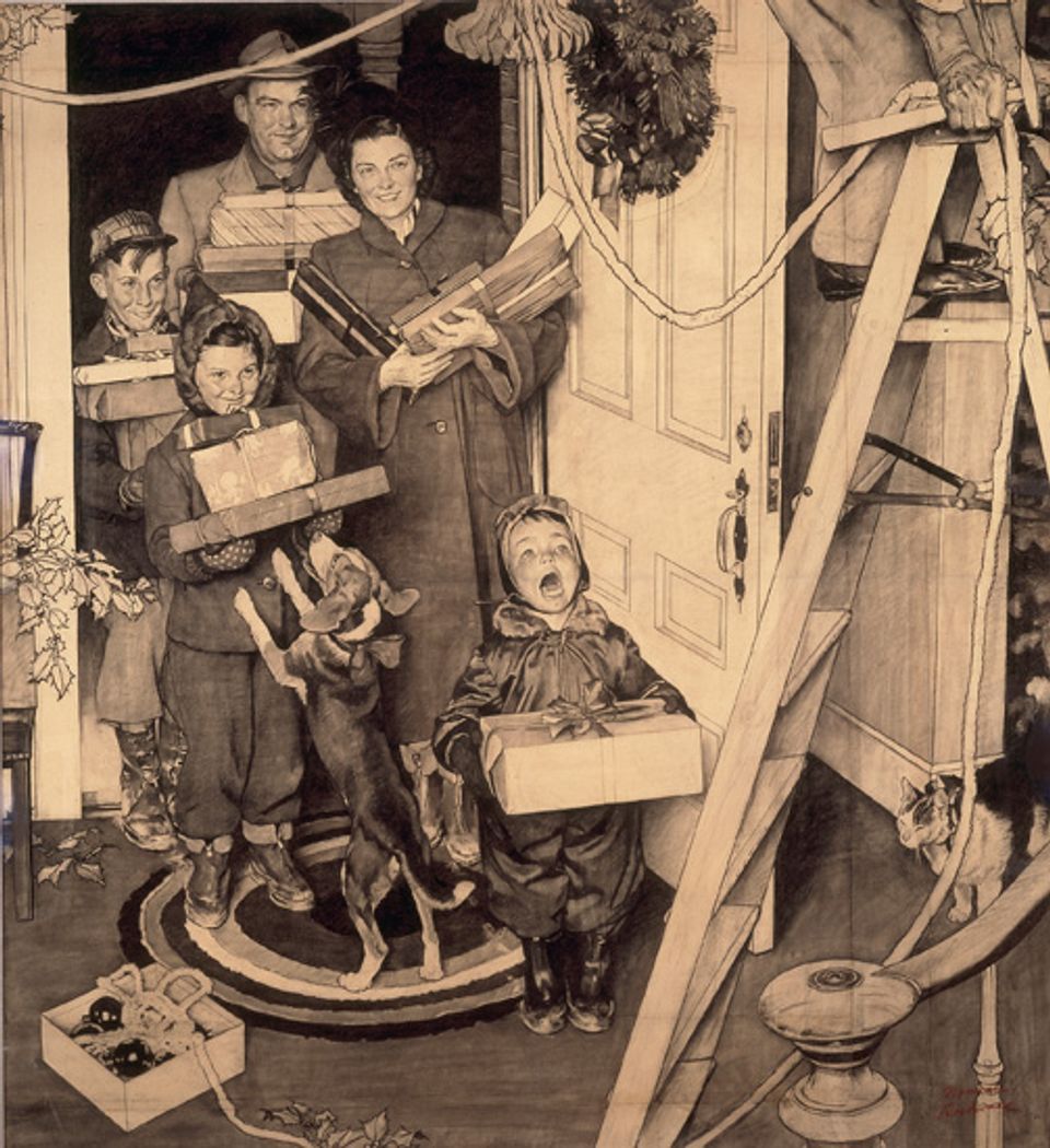Rockwell's charcoal and crayon on paper of a family entering a house with christmas presents.