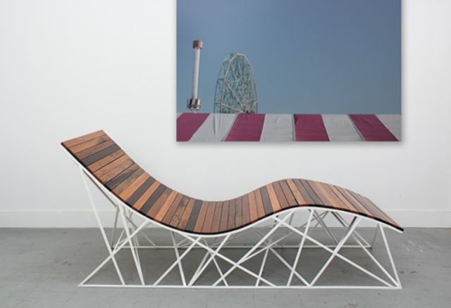 Uhuru's Cyclone Lounger made from reclaimed boardwalk and a steel base for 40 Under 40 at the Renwick Gallery.