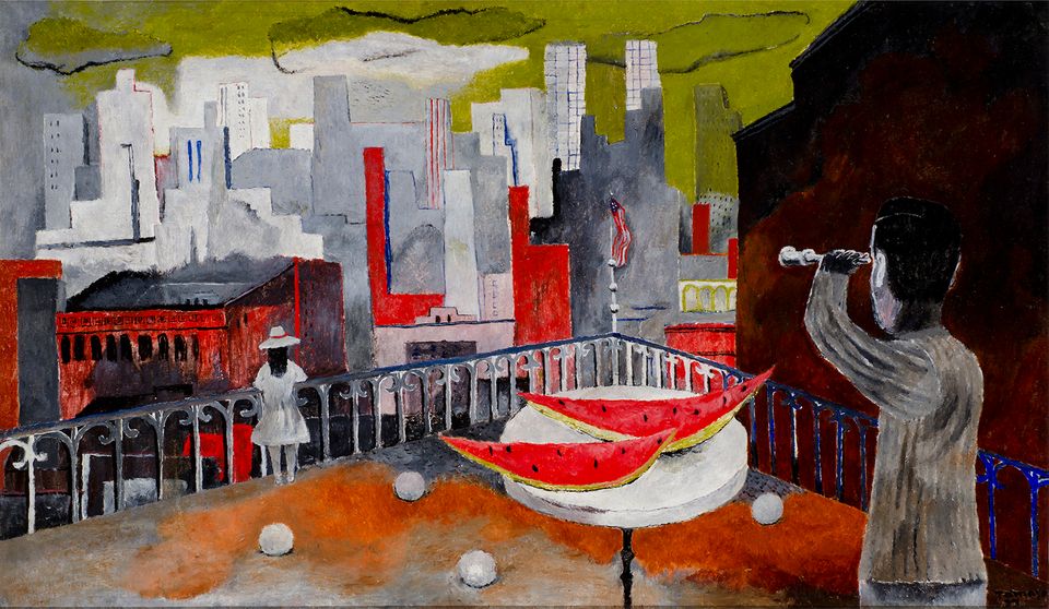 An image of Tamayo's painting, New York Seen from the Terrace.