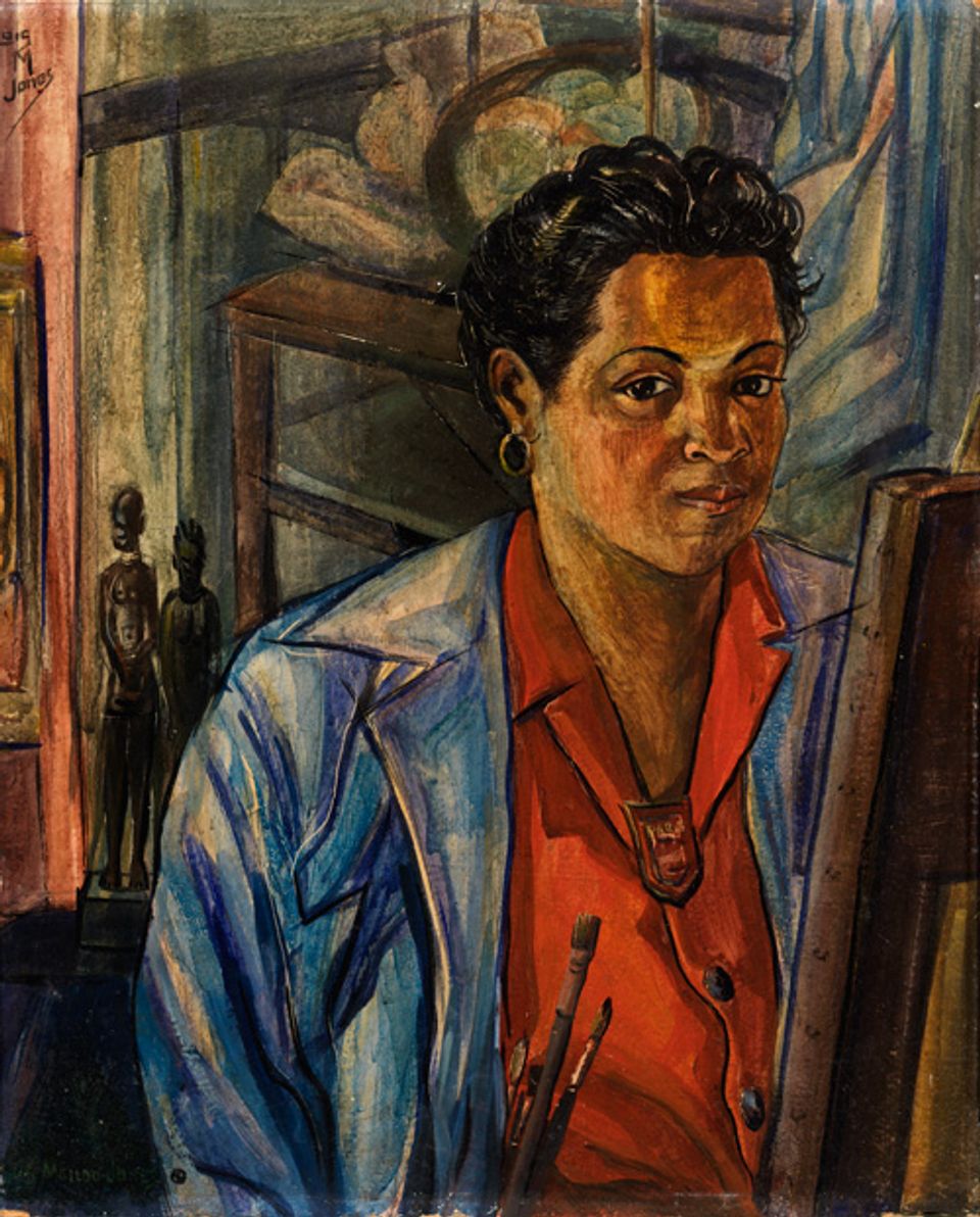 Jones' self portrait of her in her studio with paint brushes and objects in the background.