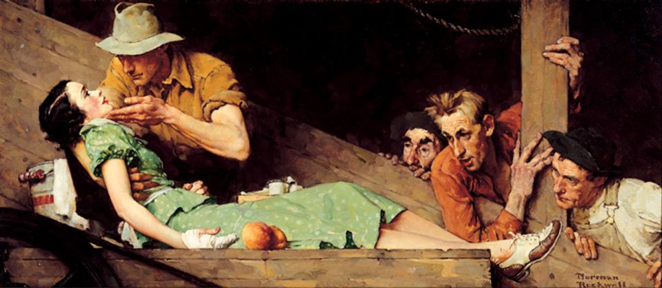 Rockwell's oil on canvas of a woman that's sick and a man taking care of her with three men watching.