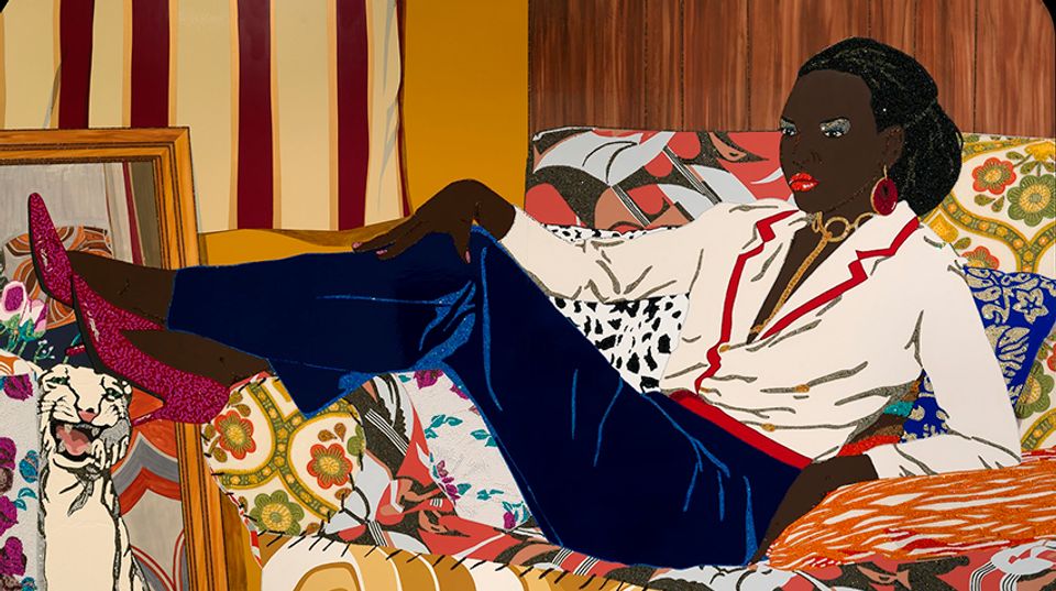 A multimedia portrait of a Black woman reclining in a chair.