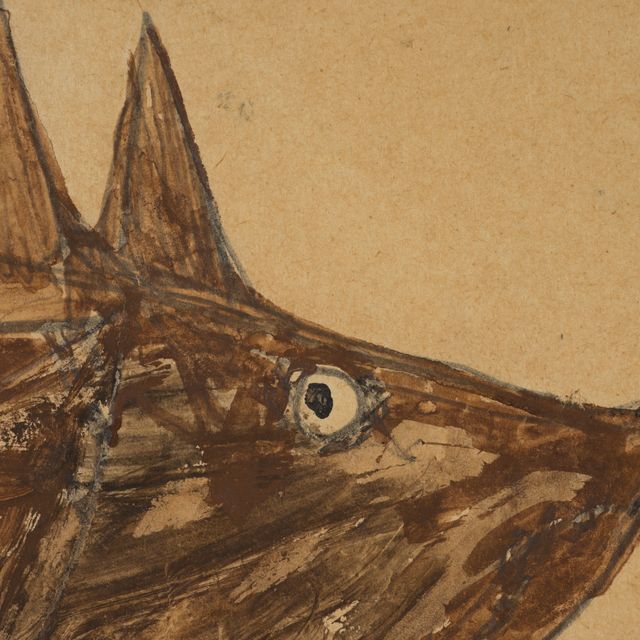 This is a photograph of a detail of a side profile of a brown pig's face