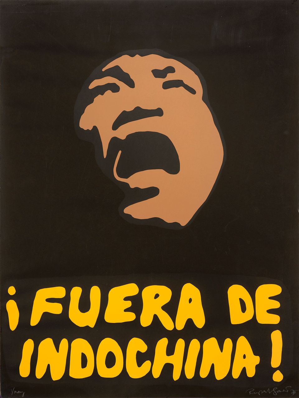 A screenprint of a man yelling with ¡Fuera de Indochina! printed underneath.