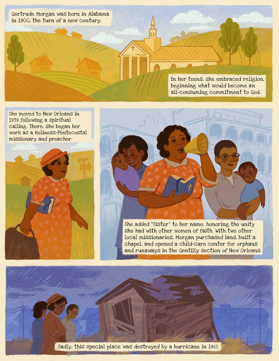Illustrations and written text show Sister Gertrudes journey to follow her spiritual calling, leading her from Alabama to New Orleans. 