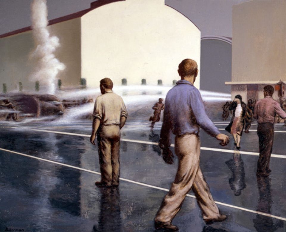 Ault's oil on canvas of a scene with men in the foreground, water extinguishing a burning object in the middle ground and buildings in the background.