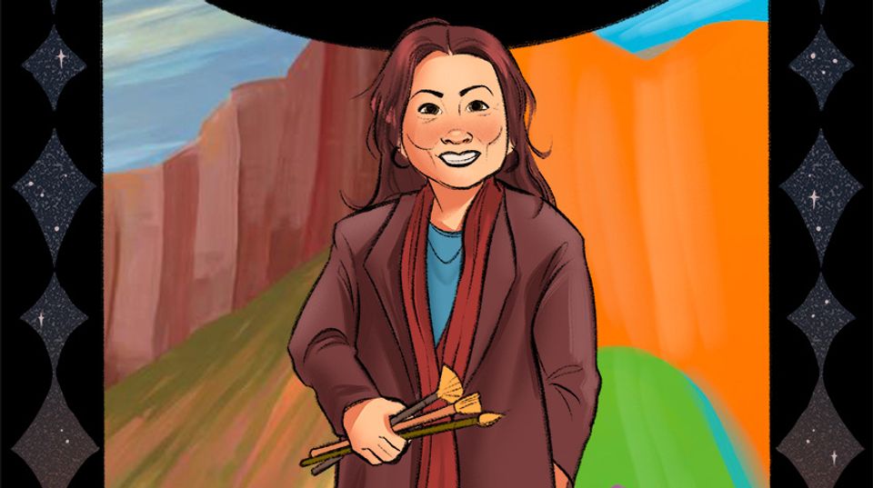 An illustrated portrait of a woman standing in front of a painting. She has medium brown hair, is wearing a brown jacket, and holding paintbrushes.