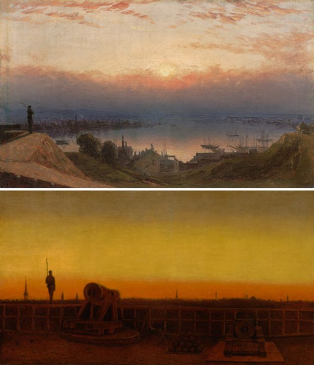 Two of Gifford's paintings. The first one has a figure in the foreground, boats in the middle ground, and water in the background. The second painting has a canon in the foreground, a figure in the middle ground and the sunset in the background.