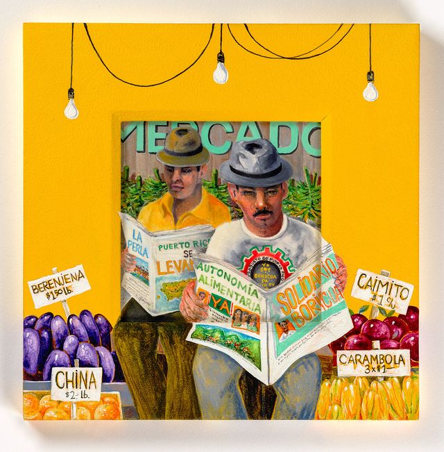 Gouache on paper with wood matte painting of two men reading newspapers in front of a yellow background and market.