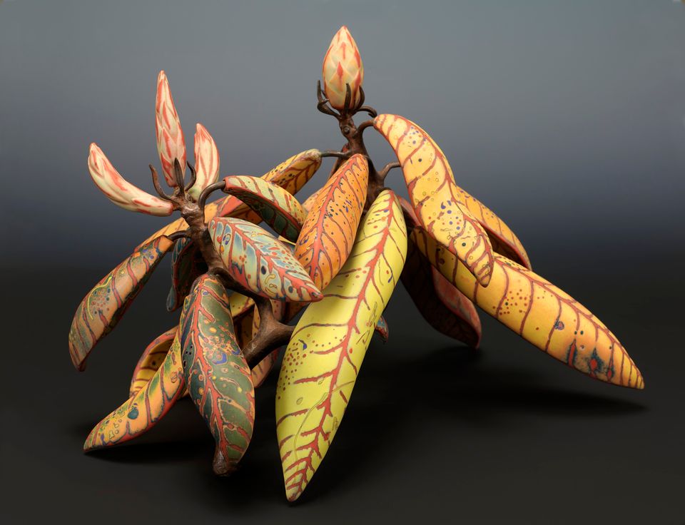 This is an image of an artwork by Michael Sherrill of a yellow rhododendrone leaf