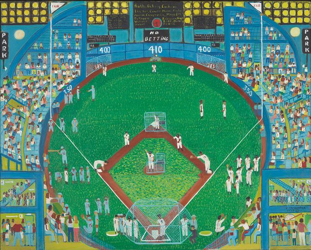 Fasanella's Night Game--Practice Time is a painting of a baseball game.
