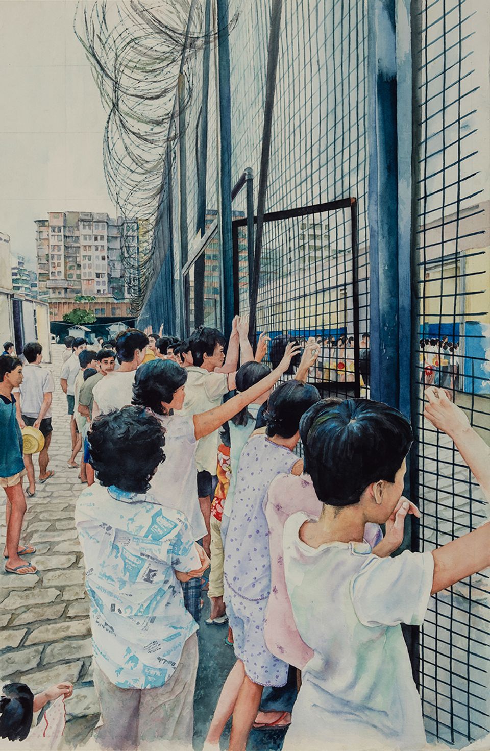 A painting of children looking through a fence.