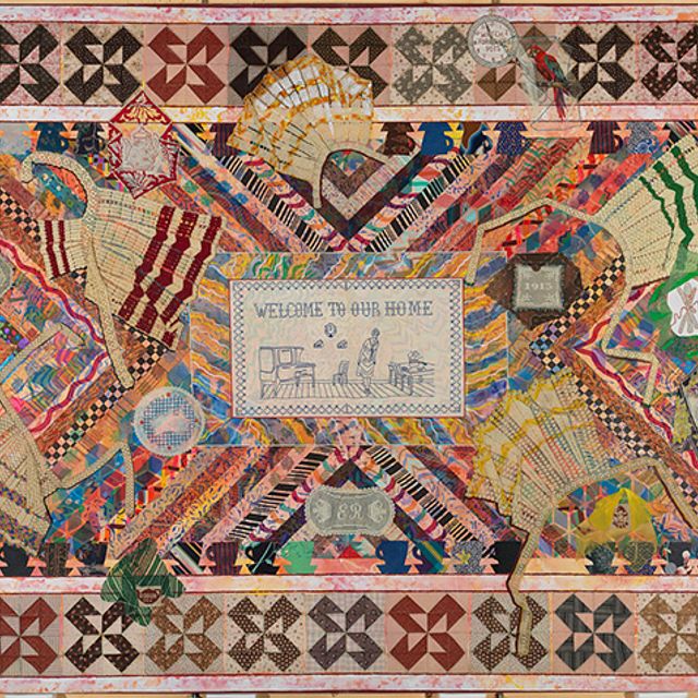 Fabric and beaded tapestry. At the center, a rectangle shows a kitchen scene and reads "Welcome to Our Home."
