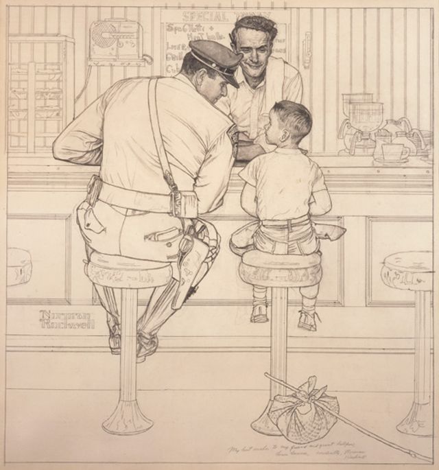 Rockwell's pencil on paper of an officer and a boy sitting on chairs at an ice cream shop.